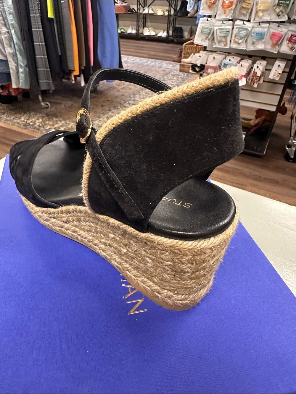 Stuart Weitzman Dayna Suede Espadrille Wedges black leather and jute size 10.5
